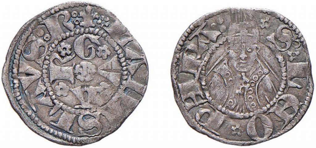 Figura 4: Bolognino di Ladislao di Durazzo con al D e R rosa dello scudo 1 (immagini dal listino della Numismatica Picena 3/2011 lotto 286).