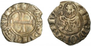 Figura 1:>/b> Zecca di Milano Giovanni Visconti (1349-1354) Sesino AG D/ + IOhS VICECOES, croce R/ MEDIOLANV, la Beata Vergine col Bambino Rif.~Crippa 2, MIR 98 Prov.~Asta Cronos 8, primavera 2014, lotto 139.