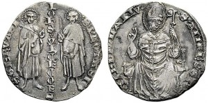 Figura 8: Zecca di Milano Giovanni Visconti (1349--1354) Grosso da 2 soldi AG D/ IOhS trifoglio VICECOES verticale e nel giro: S GERVASI S PROTASI, i Santi Gervasio e Protasio in piedi con ramo di palma R/ S AMBROSI MEDIOLANV, Sant’Ambrogio benedicente e con pastorale Prov.~Asta NAC 68, 4 dicembre 2012, lotto 74.